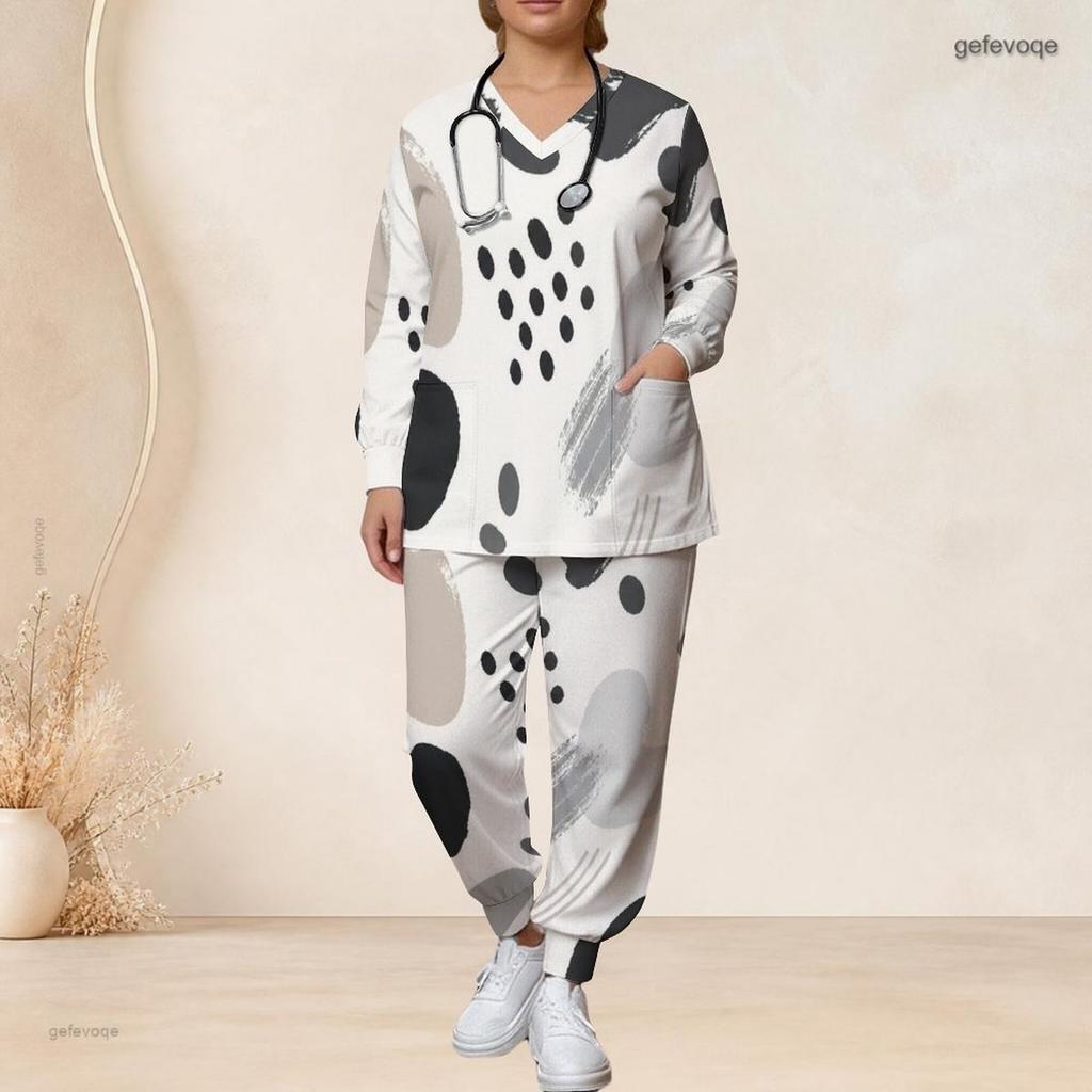 Women Plus Size Abstract Printed V Neck Long Sleeve Nurse Scrub Set With Pockets Two Piece