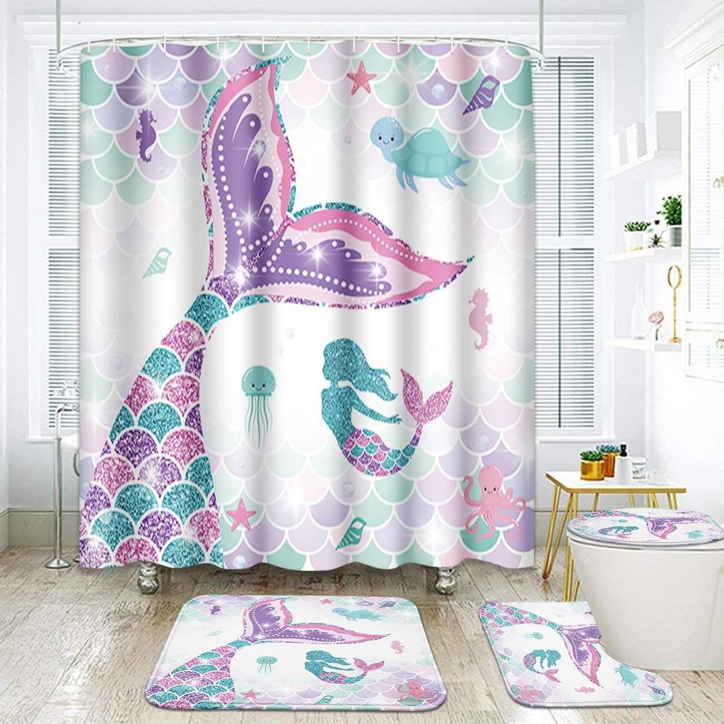 Mermaid Shower Curtain Set With Non-Slip Rugs Toilet Lid Cover Bath Mat Kids Ocean Coral Starfish Bathroom Shower Curtains Set