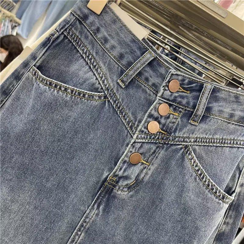 Spring/Summer 2025 High-Waisted Button Denim Skirt for Pear-Shaped Women - Mid-Length A-Line with Slit