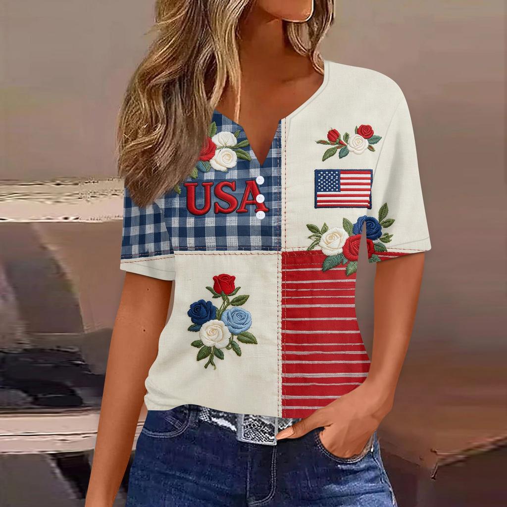 Women's Fashion Casual Independence Day Print V-Neck Short Sleeve Button-Up T-Shirt Top