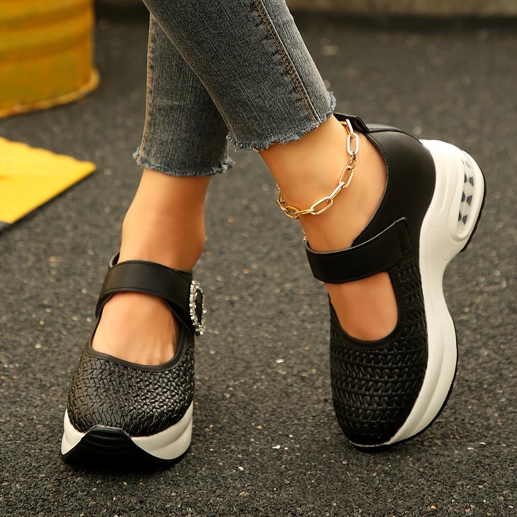 Women's Rhinestone-Adorned Platform Wedge Sneakers-Faux Cover Slip-Resistant Thick Sole,Comfortable Height-Increasing Shoes and Sparkling Buckle