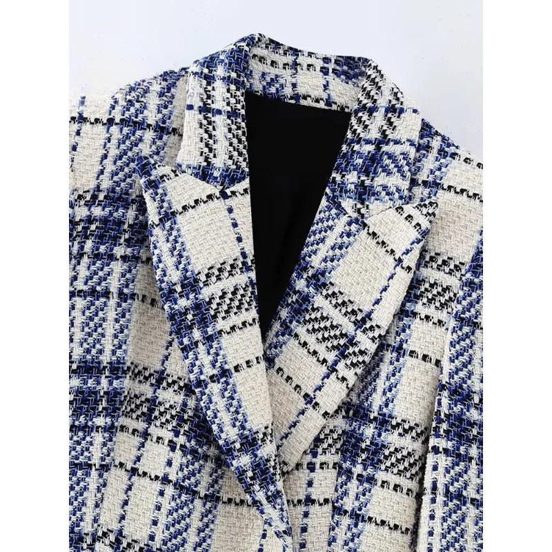 Women Fashion with Pockets Texture Plaid Double Breasted Blazer Vintage Notched Neck Long Sleeves