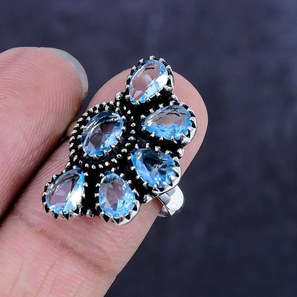 Natural Blue Topaz Gemstone Handmade 925 Sterling Silver Jewelry Ring Size 7.5 U5G80