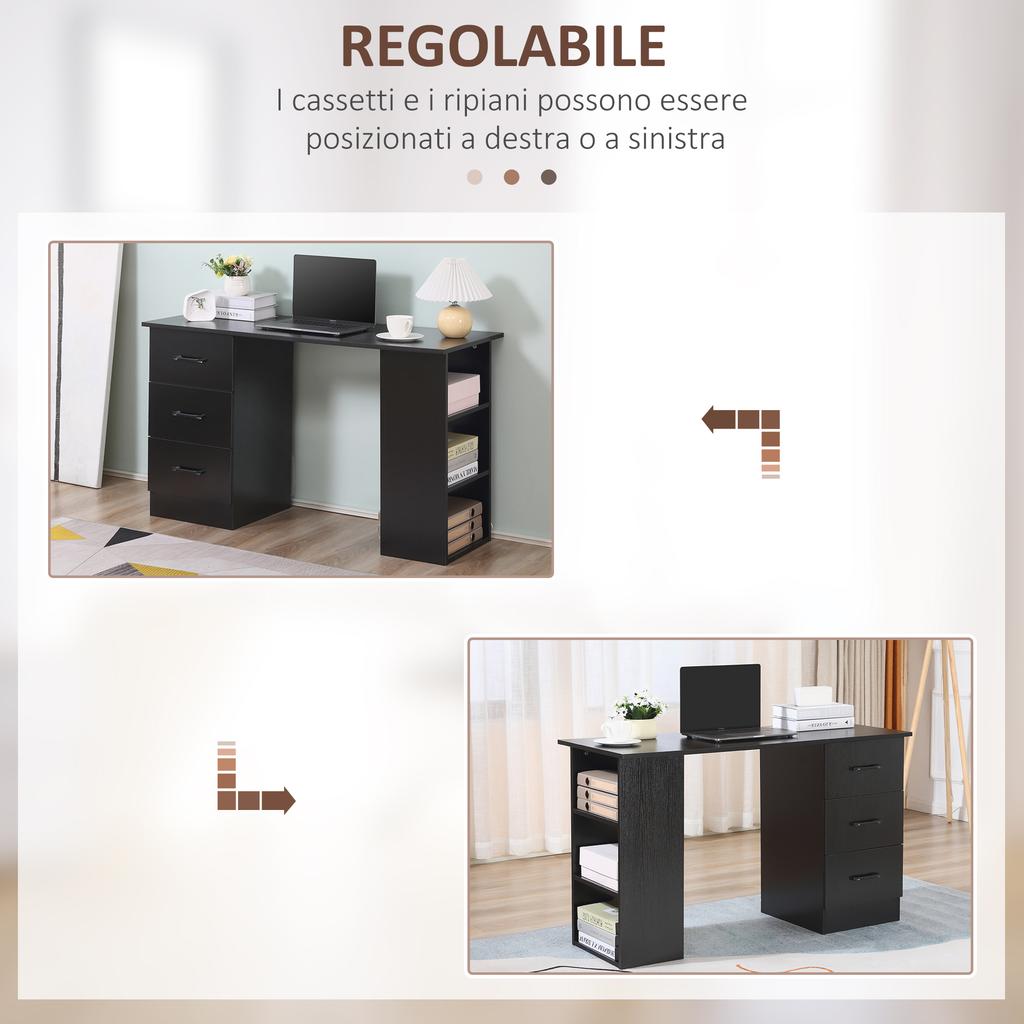 Modern Desk In Wood with 3 Drawers and 3 Shelves for Bedroom and Office, 120x49x72cm, Black