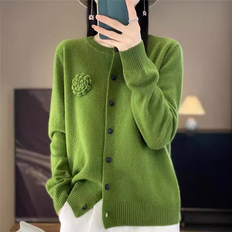 

Женский свитер Осень/Зима Круглый вырез Вязаный кардиган Женское пальто 3XL зелёный