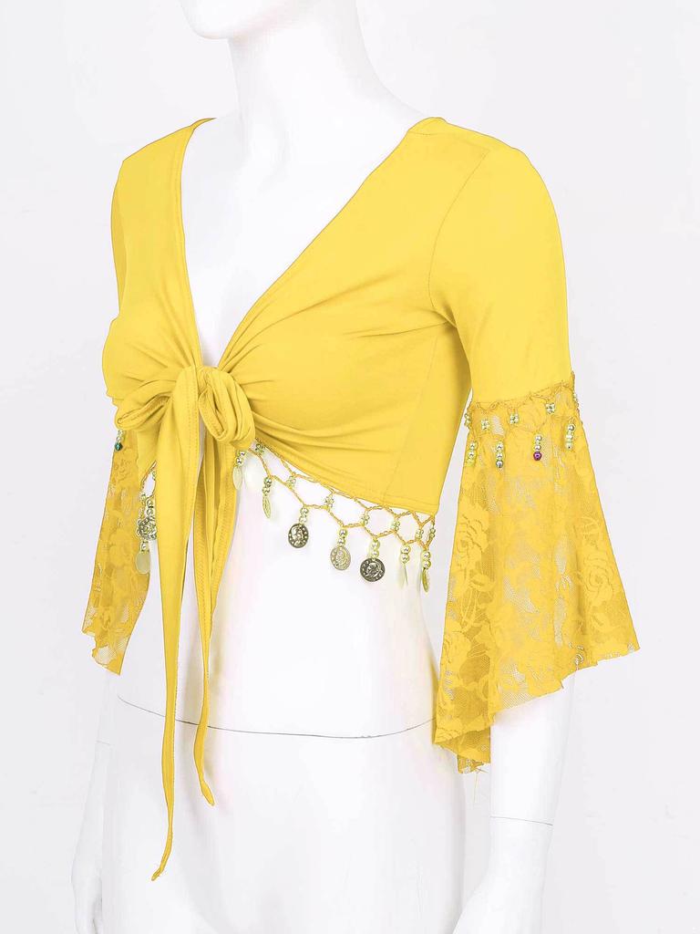 Womens Belly Dance Crop Top Lace Patchwork 3/4 Flared Sleeves Bell Bead Tassel Lace Up Detail Shawl Cardigan