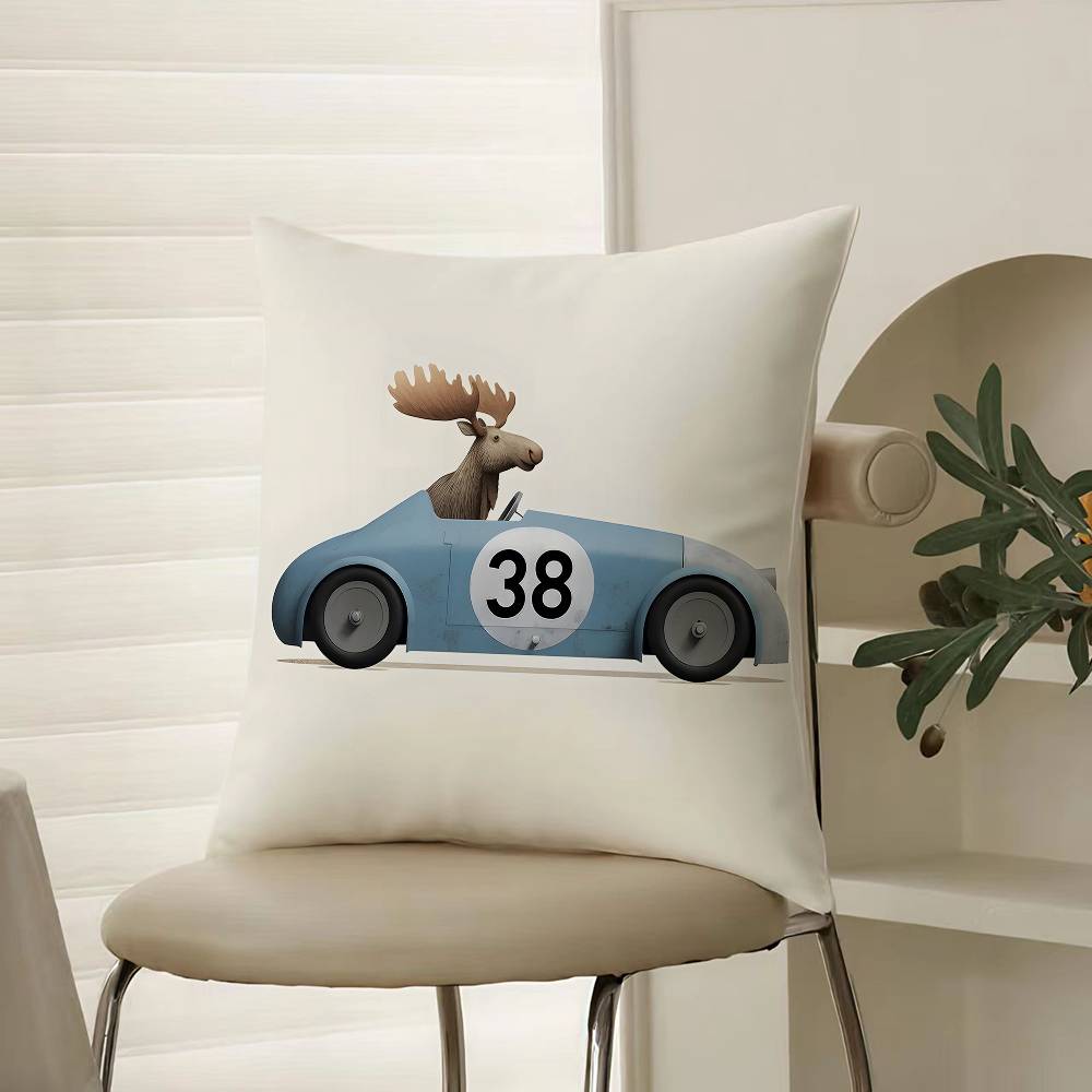 Funny Cartoon Animals Car Art Pillow Case Comfort Sofa Bed Silky Elegant Invisible Zipper Decorative Cushion Cover