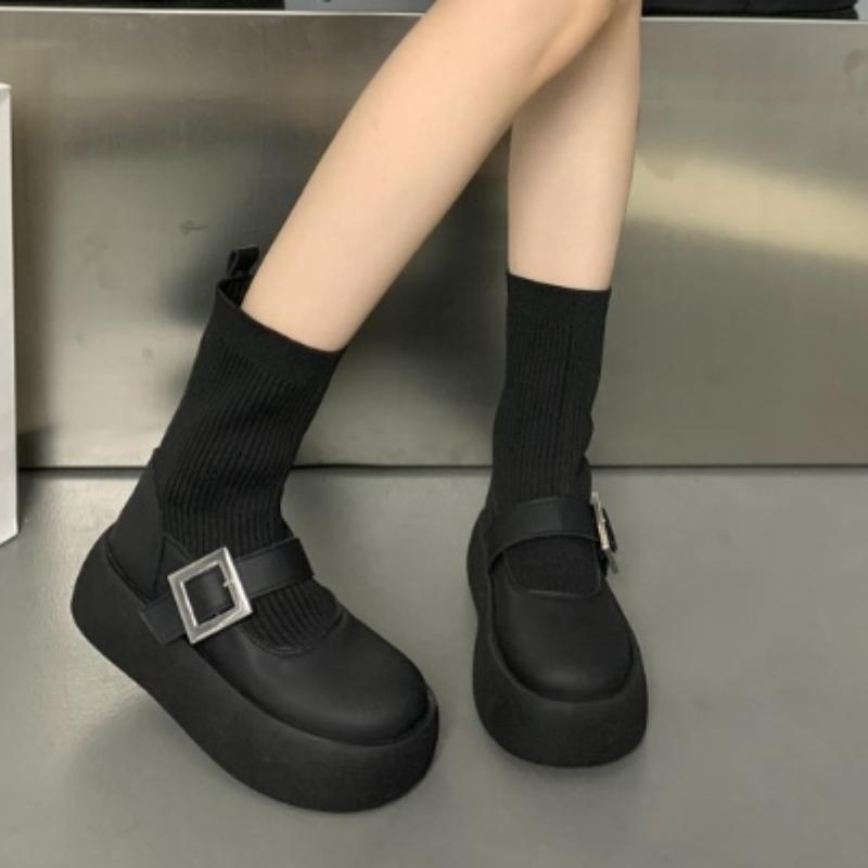 Pantofi de Marcă de Modă Femei 2024 Iarnă Modă Coreeană Stil Mary Jane Botine cu Șosetă pentru Femei Impermeabile Antiderapante cu Talpă Groasă Botine Scurte