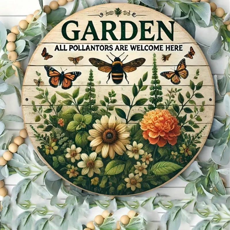 Vintage Garden Tin Wall Art with Floral Bee Design Metal Sign