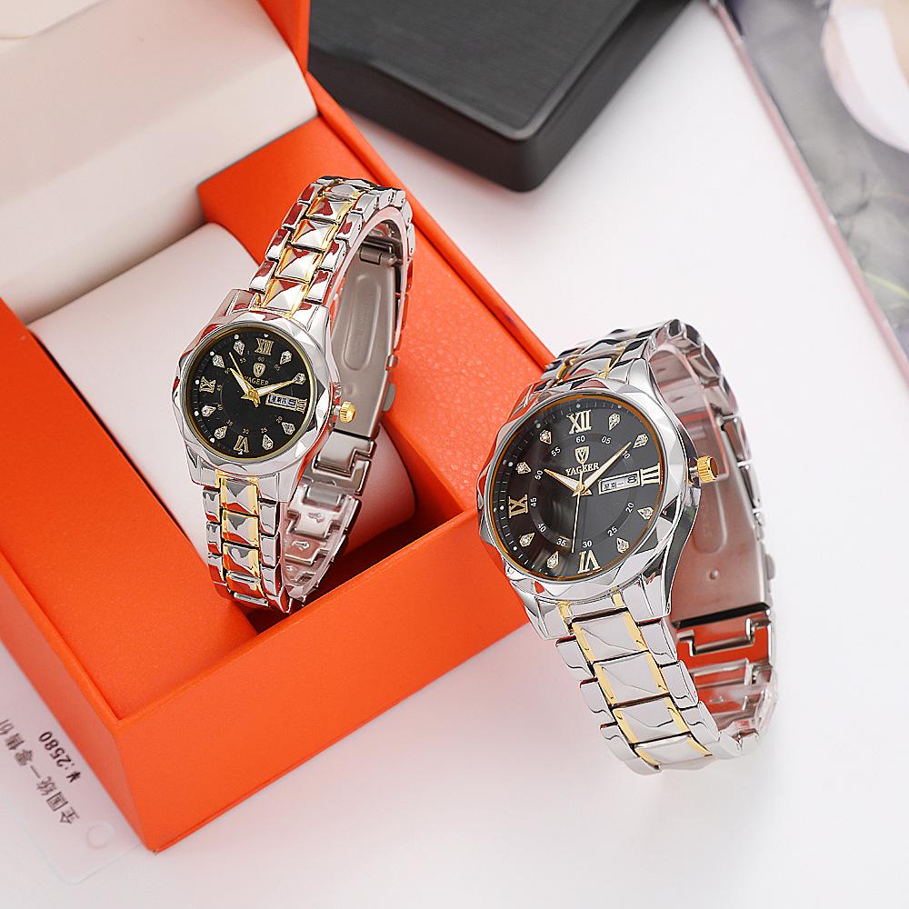 New Light Luxury Diamond Quartz Couples' Watch with Alloy Steel Band and Dual Calendar