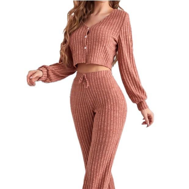 

Spring Autumn Women Cardigan Sleepwear Solid V-neck Y2k Pajamas Set Casual Sexy Crop Tops and Long Trousers Loungewear Nightwear S