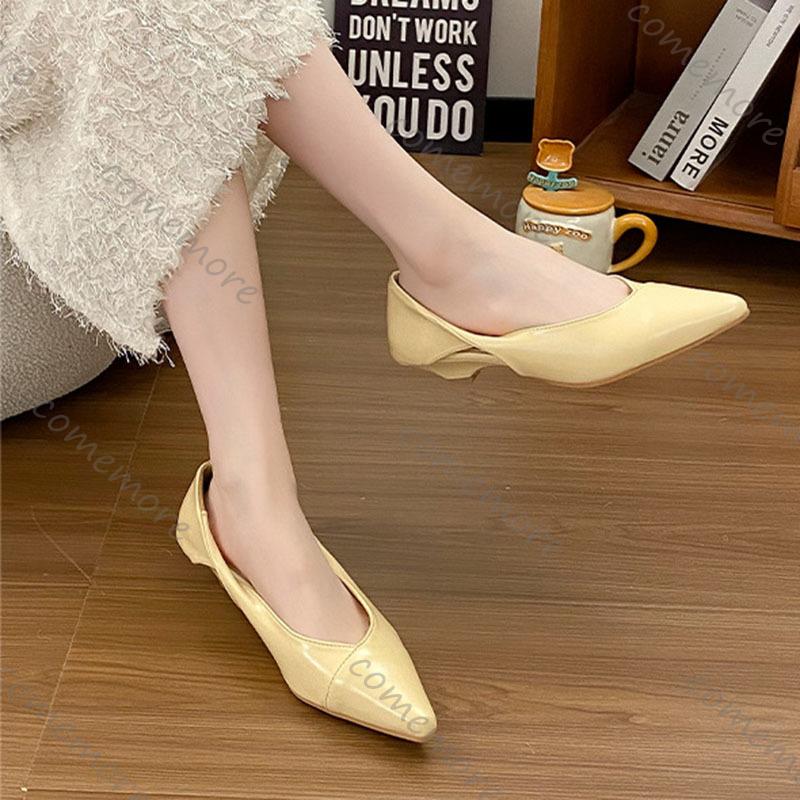 Comemore Shoes for Women Spring Autumn Low Heels Single Shoe Casual Solid Color Slip on Pumps Soft Leather Cat Heel Women's Shoe