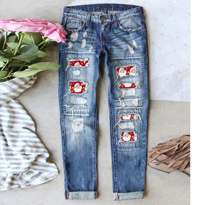 Women Mid Waist Straight Leg Ripped Printed Patchwork Denim Long Pants