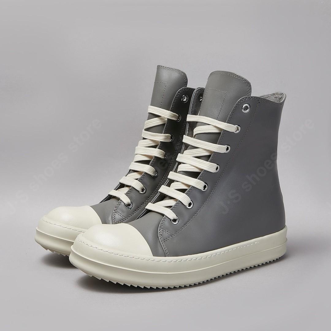 

R-o Men Sneaker Grey Leather High Top Shoe Lace Up Women Casual Shoes Classic Design Boots Zipper Gray Cowhide Ankle Boot 34