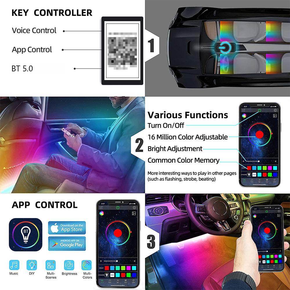 4 In 1 Car Interior Lights App Control Bluetooth-Compatible LED RGB Music Sync Ambient Lighting Kit