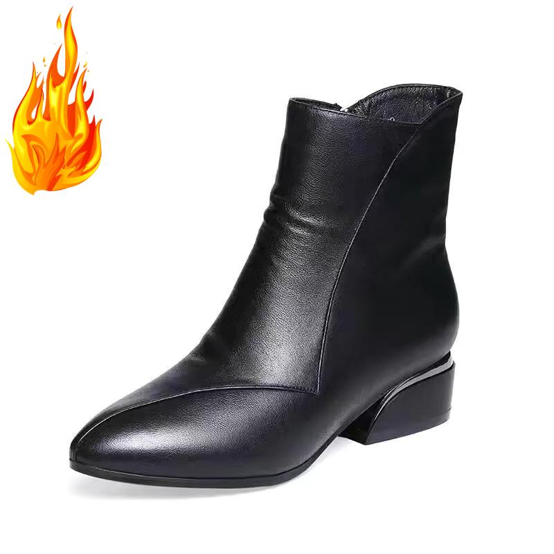 

Женские кожаные ботильоны с острым носком, боковой молнией, на низком толстом каблуке, модные короткие ботинки с плюшевой подкладкой 36