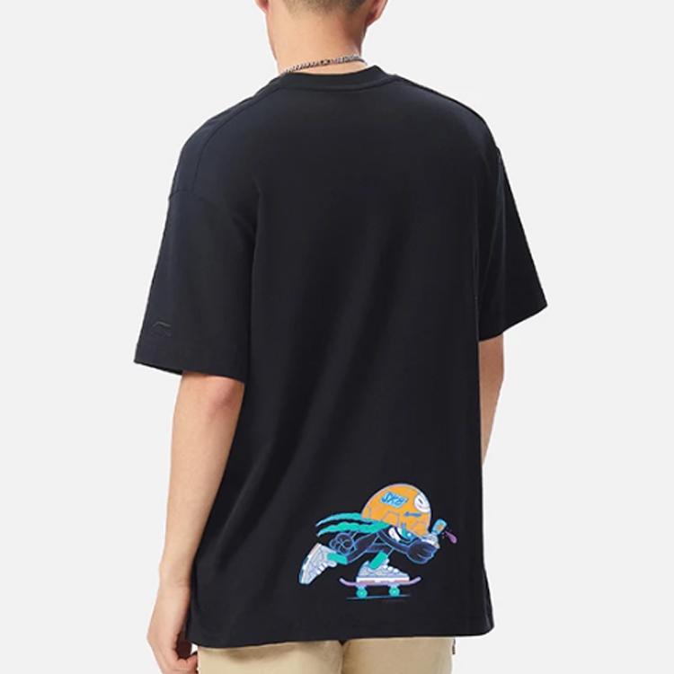 Li Ning X Persue Artist Collaboration Cartoon Pattern Loose Short Sleeve T-Shirt Men Tops Black AHSS063-3
