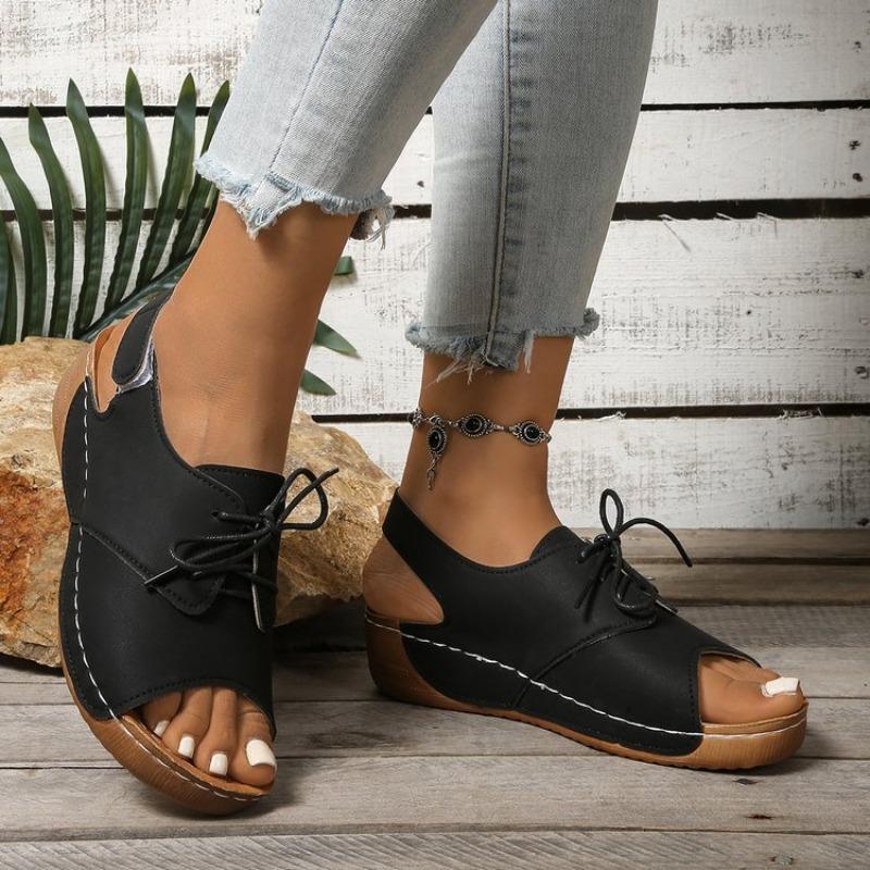 Large Size Wedge Heel Sandals Women's Summer New Front Lace-up Color Matching Fashion Sandals Women