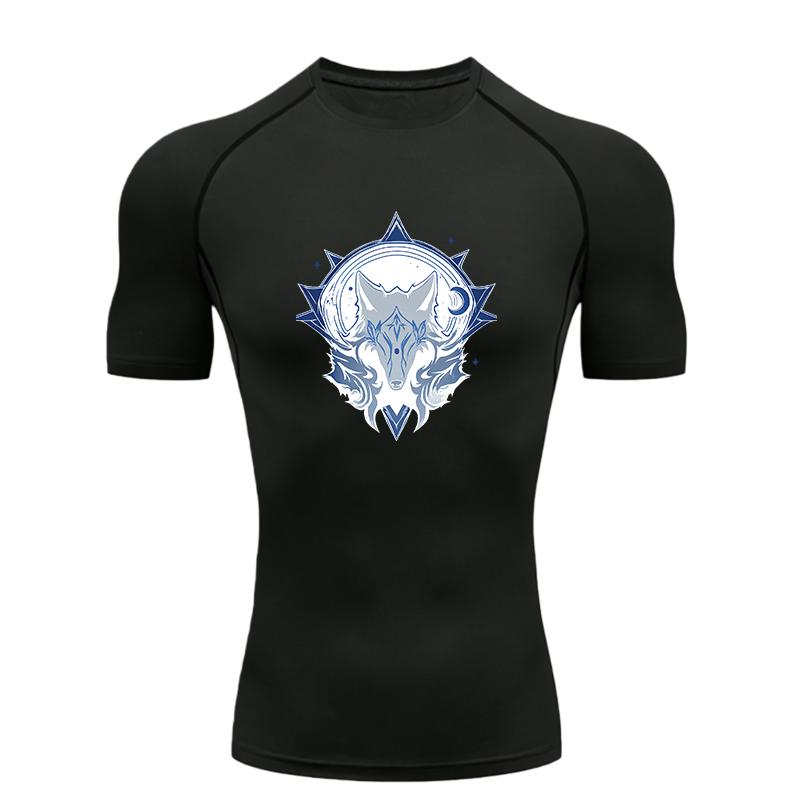 Men’s Sports T-shirt Training Fitness Compression Wolf Moon Star Pattern Men’s MMA T-shirt Rashgard Tops TeeT-Shirt for Men