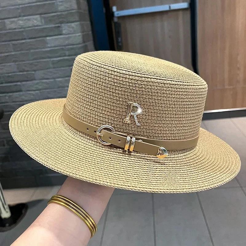 Vintage Straw Beach Hat with Metal R Buckle - Women's Summer Sun Protection Travel Hat, Fashionable Church Accessory