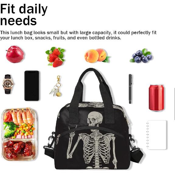Funny Skull Lunch Bag Tote Bag Leakproof Cooler Bag Insulated Lunch Box with Front Pocket Water-resistant Thermal Lunch Bags with Shoulder Strap for