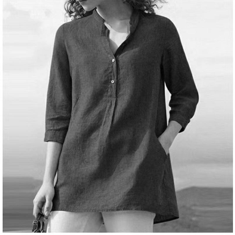 

Spring 2026 Women s Solid Colour Seven Part Sleeve Stand Up Collar Cotton Linen Casual Pullover Shirt 5XL чорний