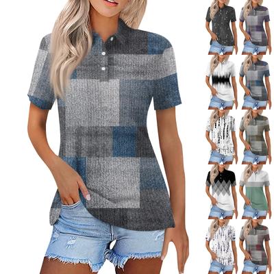 Women's Fashion Casual Lapel Short Sleeve Line Print Shirt Women's Button Up Tops
