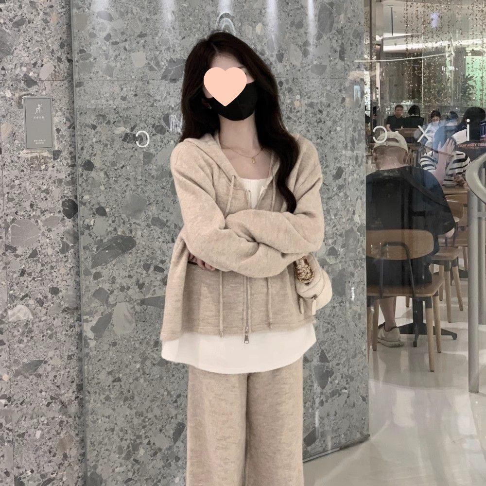 Ensemble décontracté deux pièces pour femmes Printemps 2025: Cardigan Sweatshirt Faux Deux Pièces & Pantalon Large