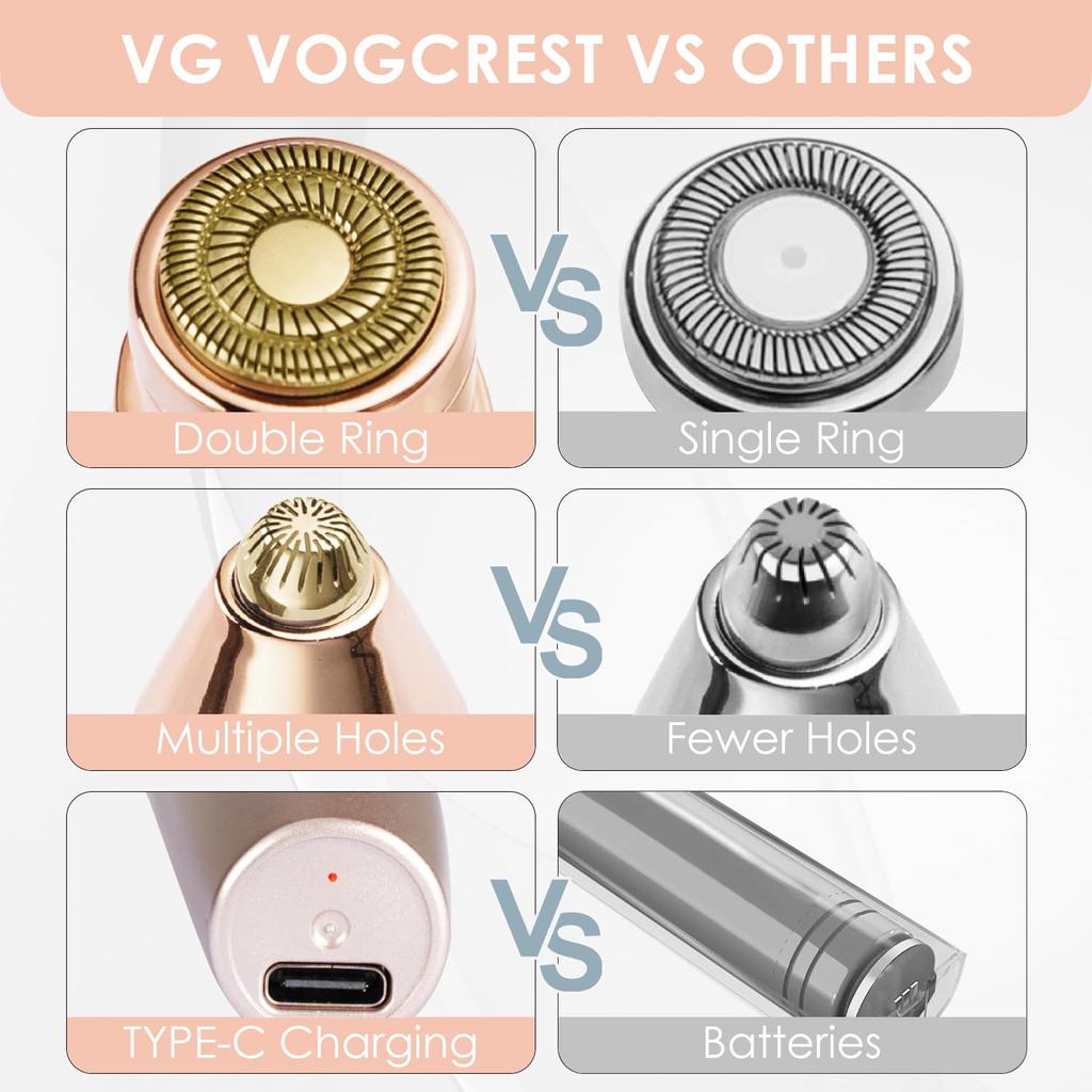VG VOGCREST Eyebrow Facial Rechargeable Facial Hair Removal Eyebrow Shaver Painless Facial Razor with LED Rose Gold Trimmer 2-in-1 & - Built-in