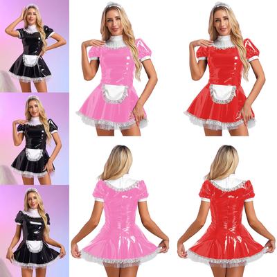 Womens Glossy Patent Leather Maid Dress with Lace Headband Ruffles Lace Apron Puff Sleeve A-Line Dress