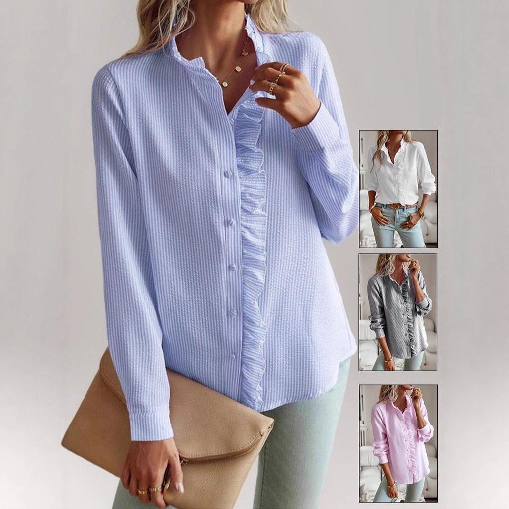 Women's Autumn Ruffle Placket Long Sleeve Blouse Striped Button Down Stand Collar Crinkled Casual Office Daily Wear Shirt Top