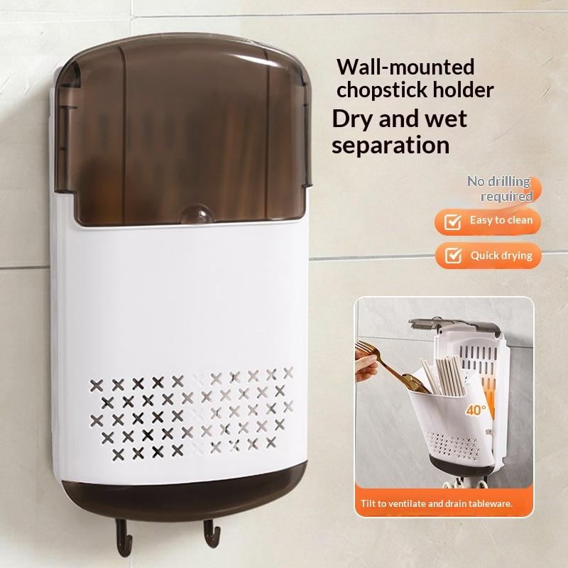 No-Drill Wall Mounted Chopstick Holder With Draining Base Kitchen Cutlery Utensil Storage Box Easy Installation