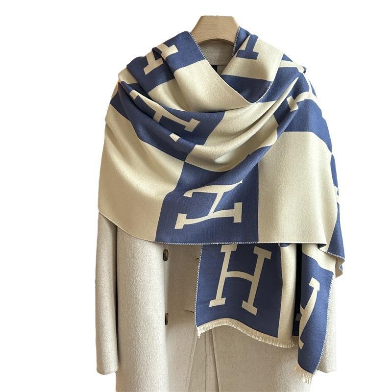 Premium Black and White H Letter Imitation Cashmere Big Shawl Autumn and Winter Atmosphere Plaid Tassel Outer Scarf Scarf Woman