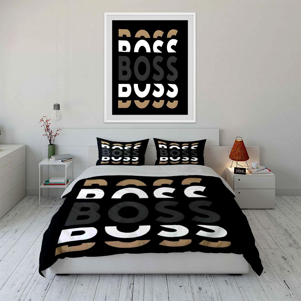 The pattern features "BOSS" text. Bedding sets Duvet cover sets Duvet covers Pillowcases(1 * Duvet Cover 2 * Pillowcases, without duvet insert)