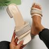 Square Toe Narrow Band Slip On Sandals Medium Heels Slides Women 2025 Summer Casual Hemp Strap Outdoor Slippers Size 42