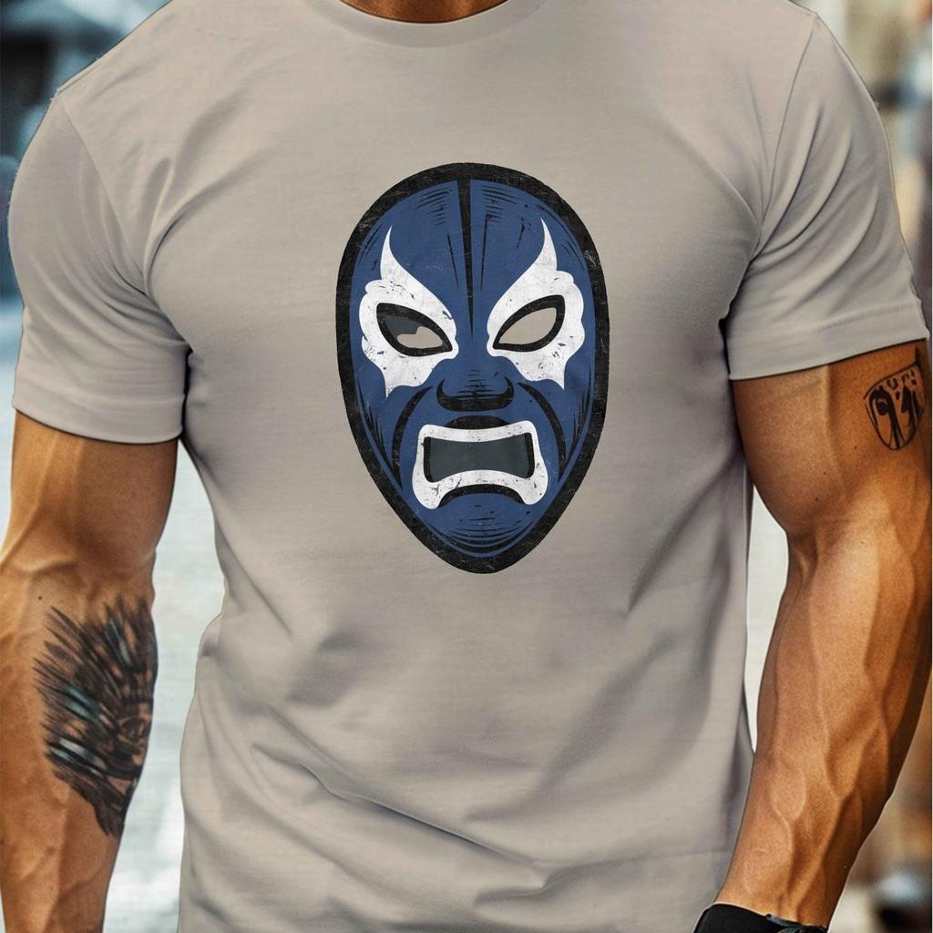 Luchador Mask Blue Print Mens Cotton Graphic Tee Crew Neck Short Sleeve Casual TShirt