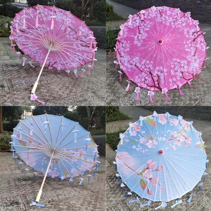 1PC Umbrella 70/82CM Oil Paper for Women Girl Performance Photo Props Antique Umbrella Parasol Satin Cloth Tassel