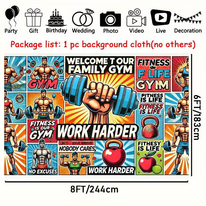 2D Retro Fitnessstudio-Kulisse, "Willkommen in unserem Familien-Fitnessstudio" Fitness-Hintergrund