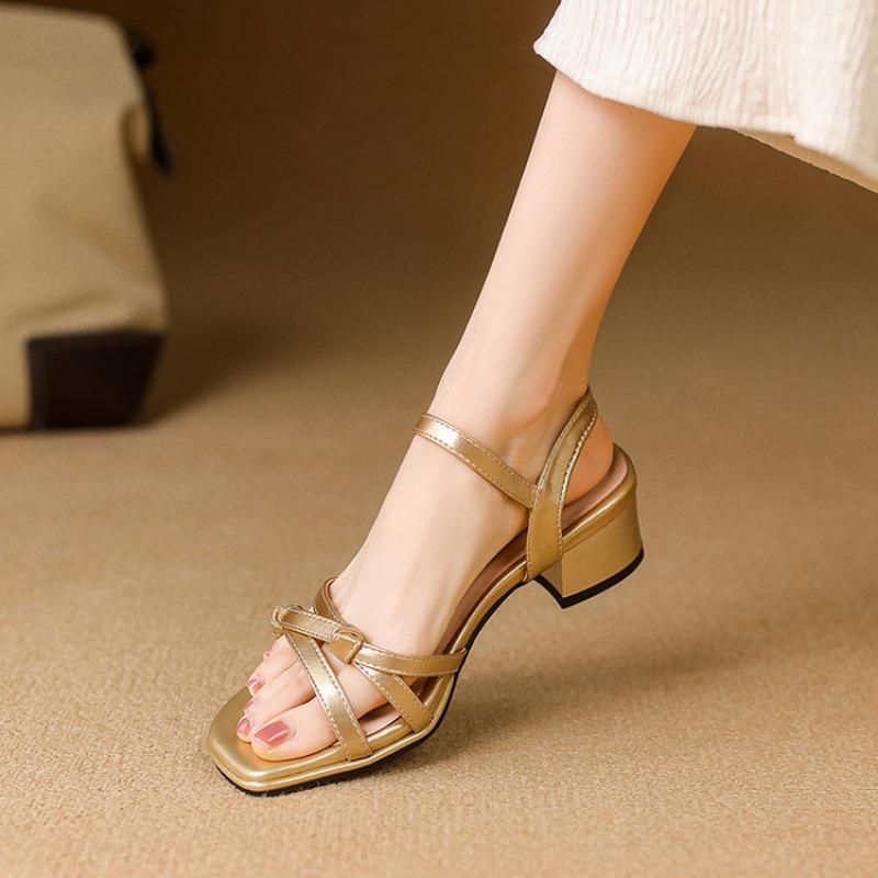 Summer Medium Heel Square Head High Heel Sandals New Women's One-word Sandals Comfortable Soft Sole Size Women's Shoes Casual