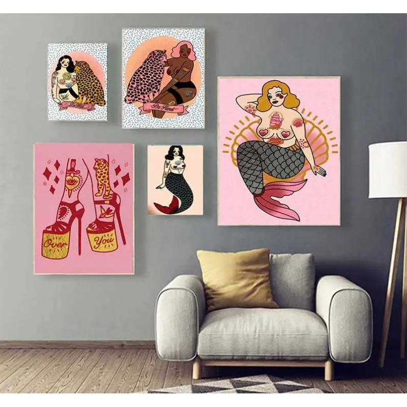 Mermaid Retro Wall Art, Nordic Nude Woman Poster, Printed Images, Living Room, Home Decoration, Oil Painting, Pink, Leopard