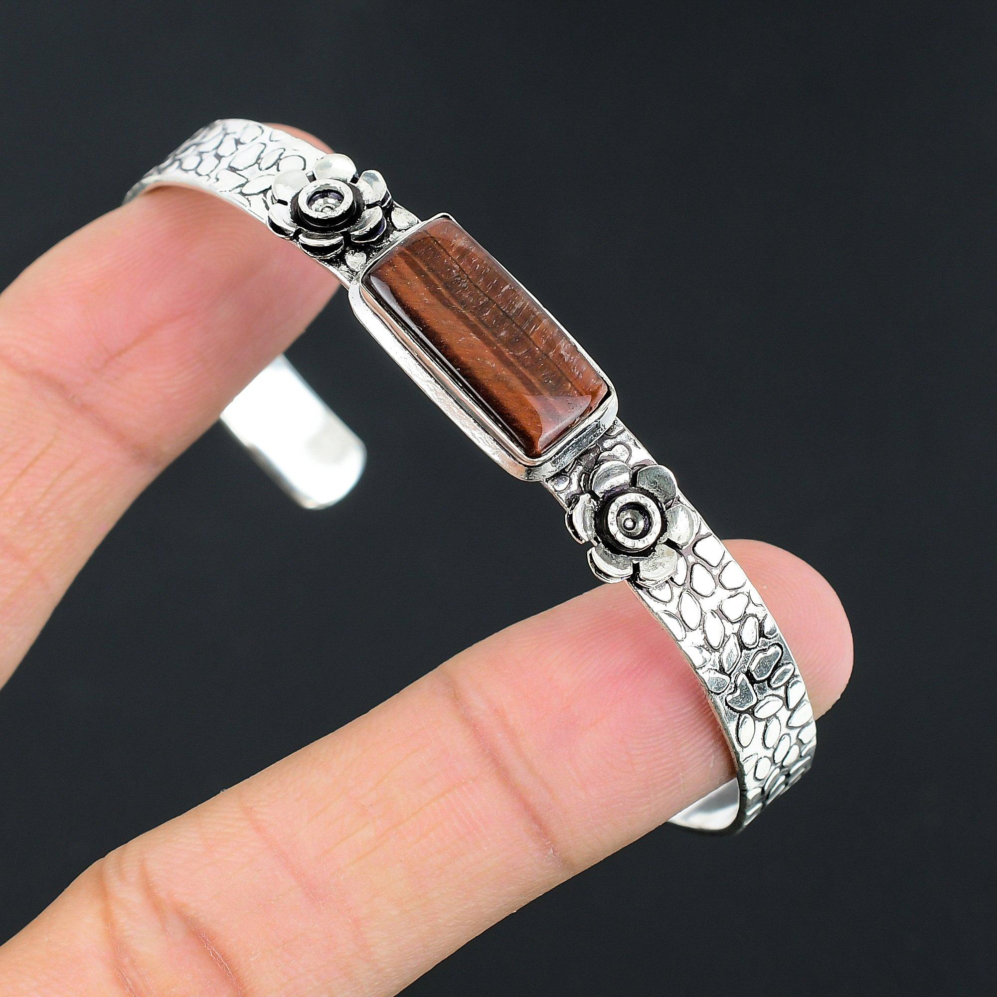 

Rectangle Natural Tiger Eye 925 Sterling Silver Trendy Art Deco Daughter Bangle Adjustable
