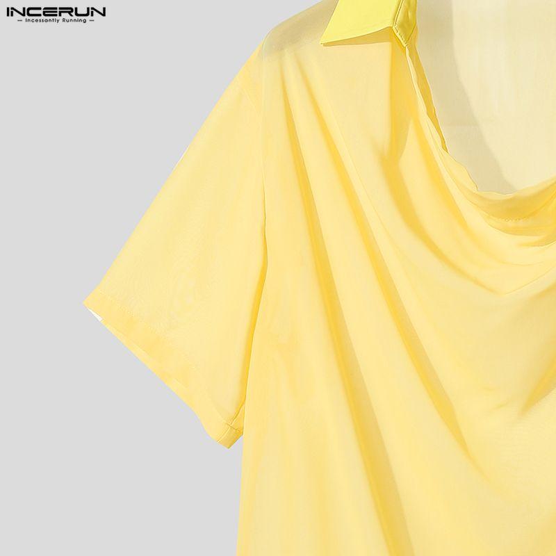 INCERUN Summer Men Swing Collar Short Sleeve Mesh See Through Hollow T-shirts Tops