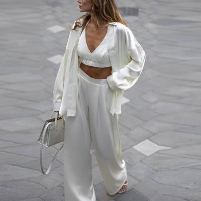 Satin Material 3 Pieces Sets Women Bra+Straight pants+Single Breasted Loose Shirts Commuting Fashion Pants Set