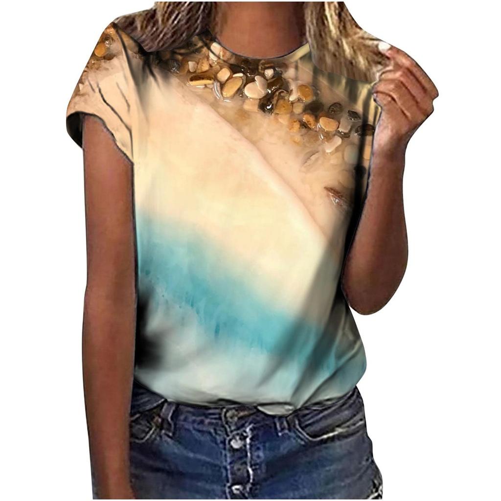 2025 New Summer Temperament Women's Sunrise Printed Women's T-shirt Round Neck Short Sleeve Street Casual Daily Basic Tops