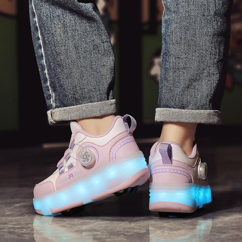Kid's Roller Skates Removable Flat Charging LED Four Wheels Glowing Sports Shoes Pink Women's Glowing Sneakers