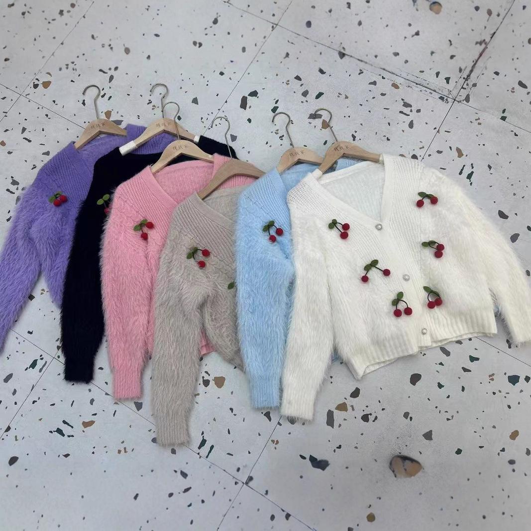 

Осенне-зимняя мода элегантный стиль V-образный вырез универсальный вязаный кардиган свободный милая вишня однобортный свитер из искусственного меха норки женский 57-125 розовый