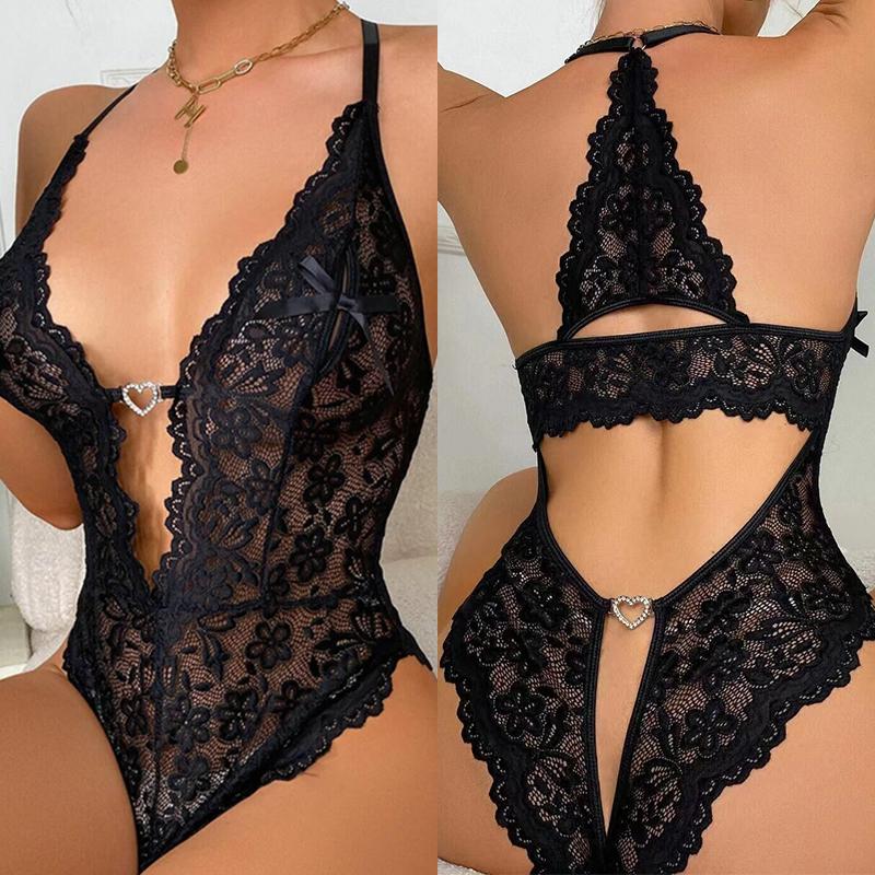 Wine Red Erotic Crotchless Lingeries For Women Hollow Bra Set Sexy Deep V Open Bra Teddy Baby Doll Dress Plus Size Underwear Set