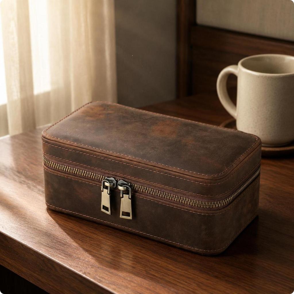 FullZip Watch Case CrazyHorse Leather Storage Box Vintage Style Jewelry