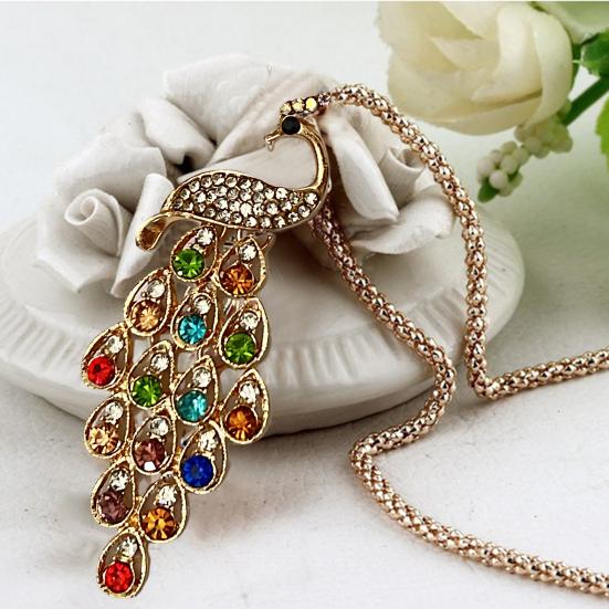 Fashion Women Multi-color Long Peacock Rhinestone Wedding Sweater Necklace