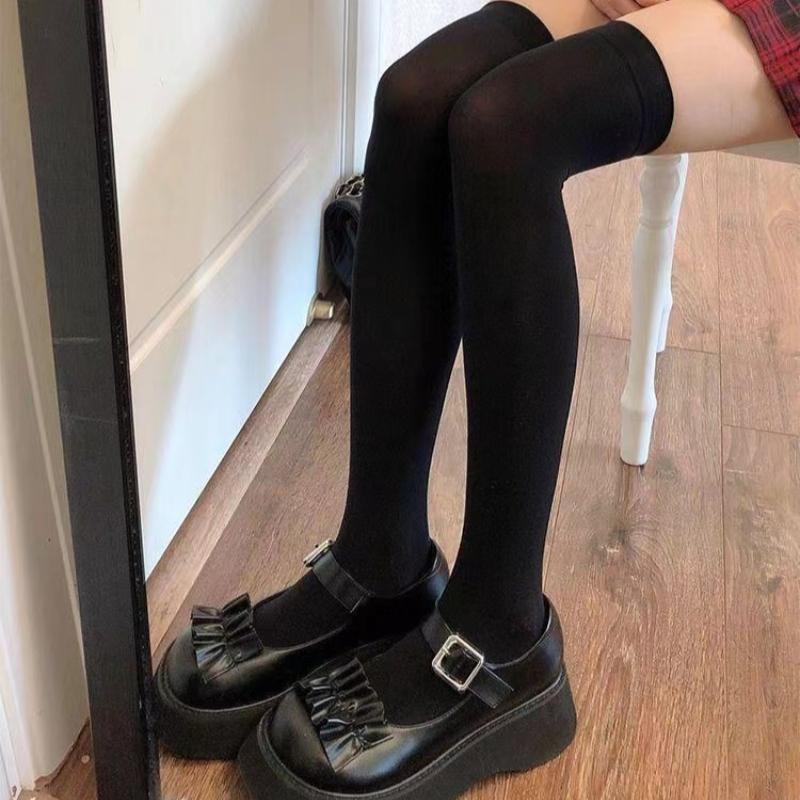 Solid Color Lolita Long Stockings JK Women Girls Cute Black White Tights Over Knee Thigh High Socks Cosplay Sexy Nylon Stockings